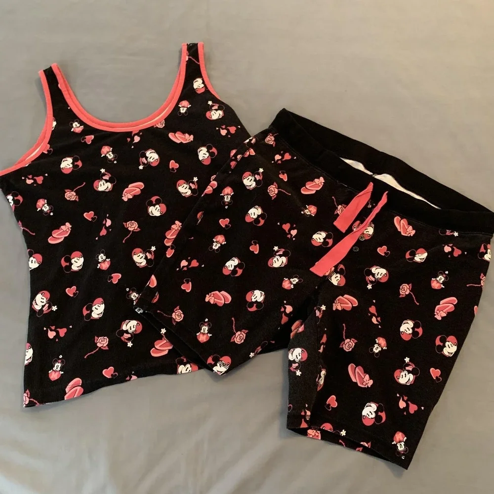 Disney Minnie Mouse Pajama Set Womens 2 Black Pink Tank Top Shorts Sleepwear - Picture 1 of 10